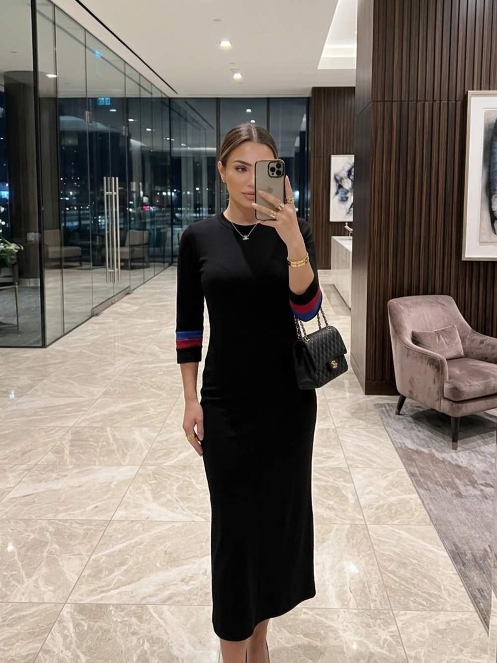 Zara black bodycon midi dress with stripe cuffs size M
